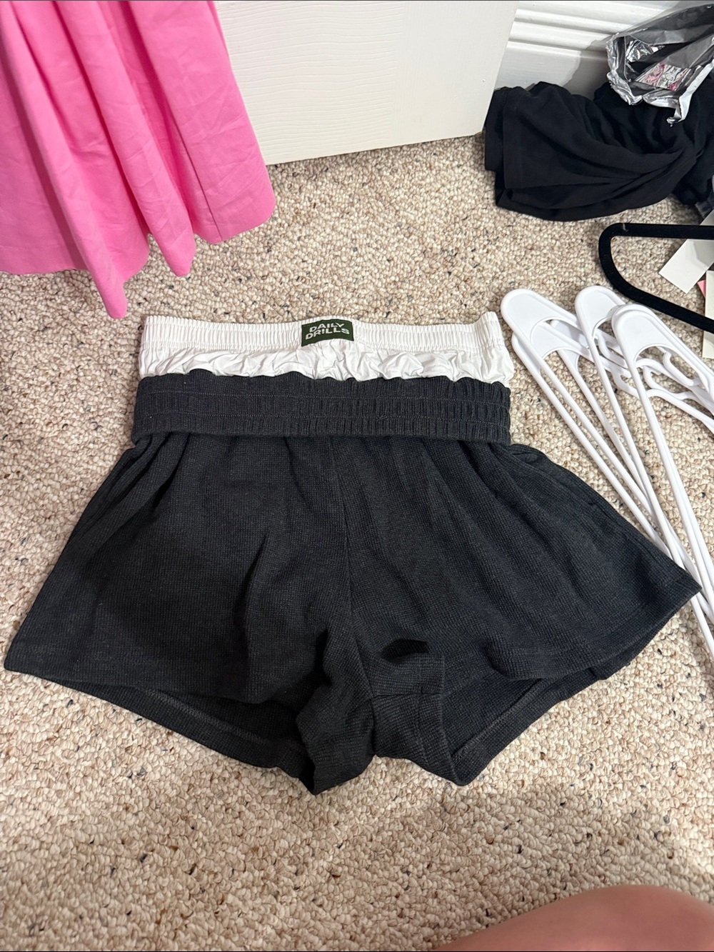 Daily Drills Black Knit Athletic Shorts with White Elastic Waistband